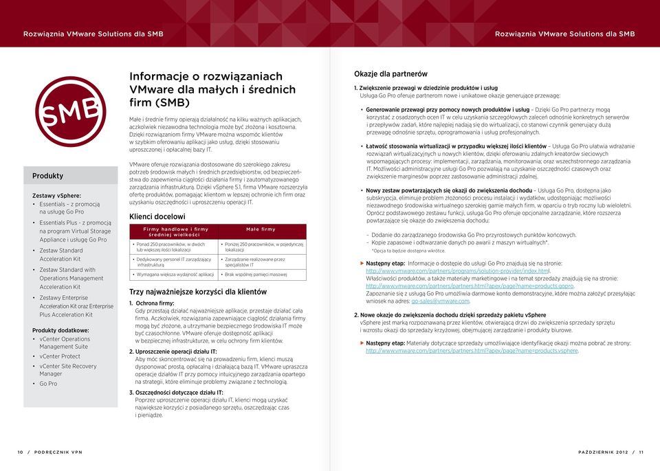 Produkty dodatkowe: vcenter Operations Management Suite vcenter Protect vcenter Site Recovery Manager Go Pro Informacje o rozwiązaniach VMware dla małych i średnich firm (SMB) Małe i średnie firmy
