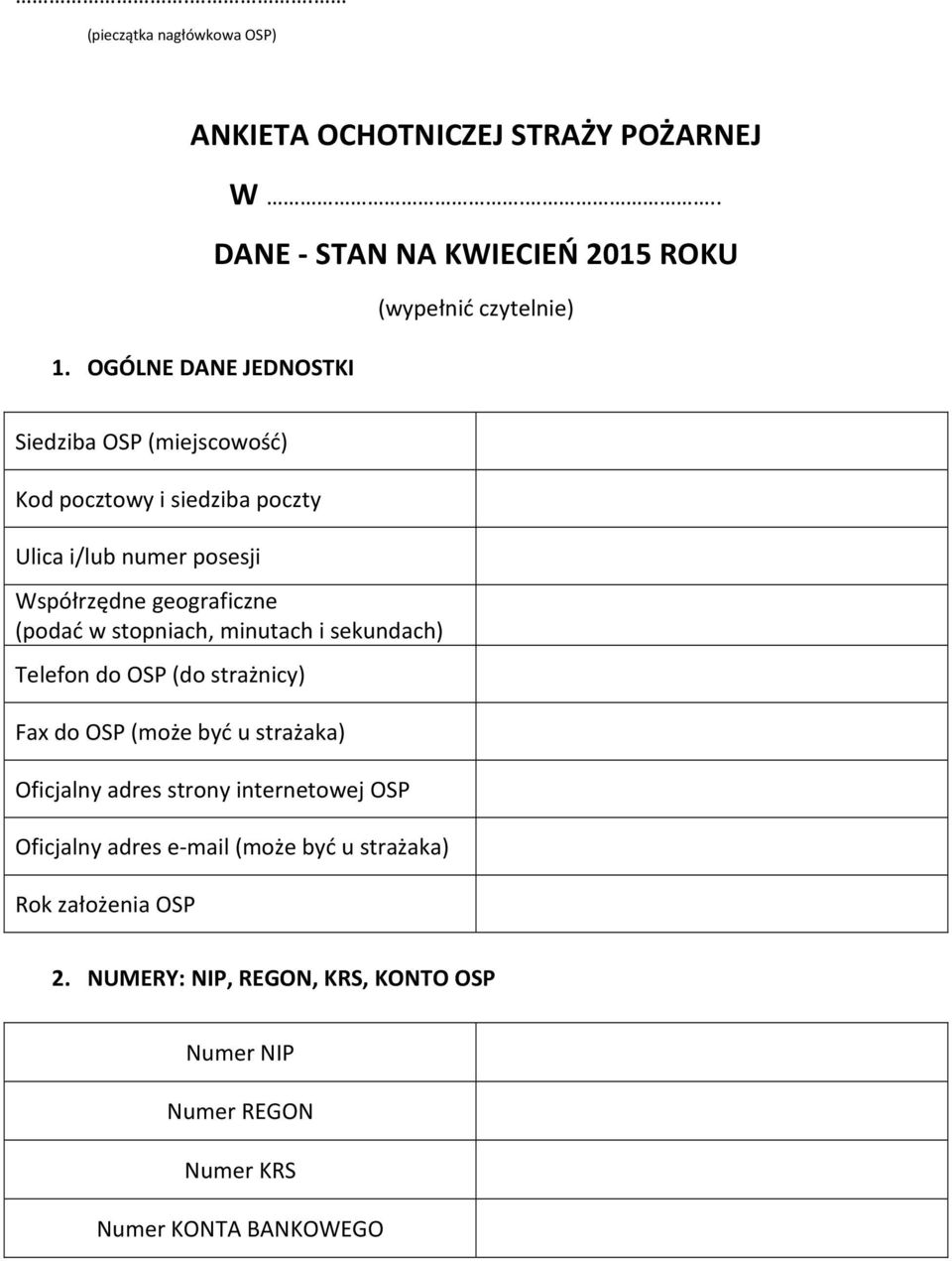 stopniach, minutach i sekundach) Telefon do OSP (do strażnicy) Fax do OSP (może być u strażaka) Oficjalny adres strony internetowej OSP