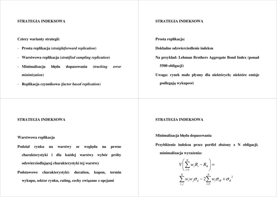 (ponad 5500 obligacji) Uwaga: rynek mało płynny dla niektórych; niektóre emisje podlegają wykupowi STRATEGIA INDEKSOWA STRATEGIA INDEKSOWA Warstwowa replikacja Podział rynku na warstwy ze względu na