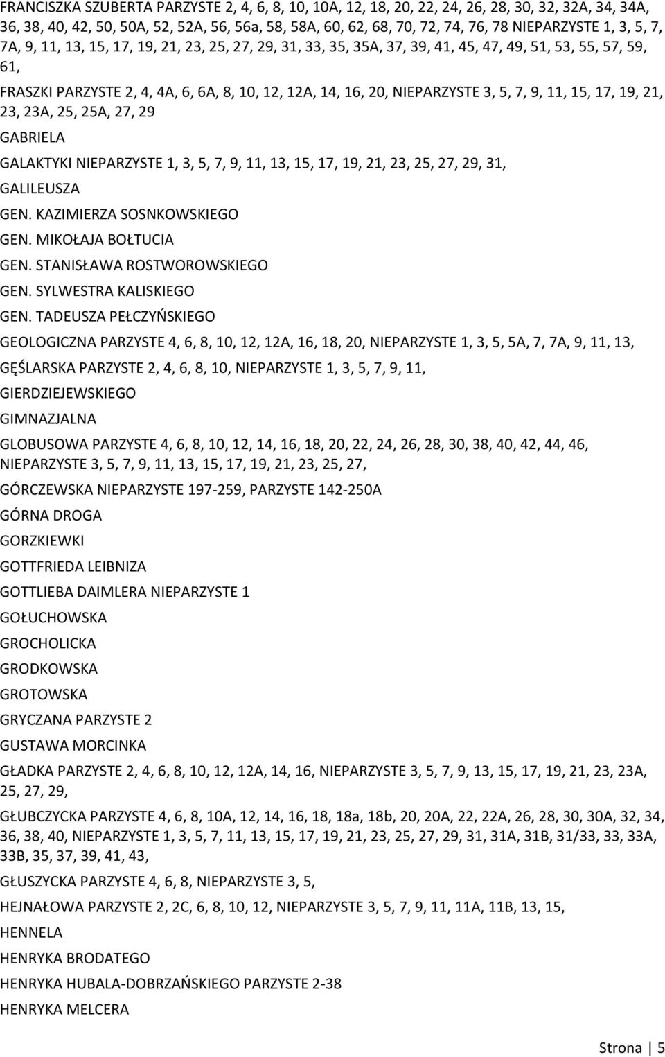 5, 7, 9, 11, 15, 17, 19, 21, 23, 23A, 25, 25A, 27, 29 GABRIELA GALAKTYKI NIEPARZYSTE 1, 3, 5, 7, 9, 11, 13, 15, 17, 19, 21, 23, 25, 27, 29, 31, GALILEUSZA GEN. KAZIMIERZA SOSNKOWSKIEGO GEN.