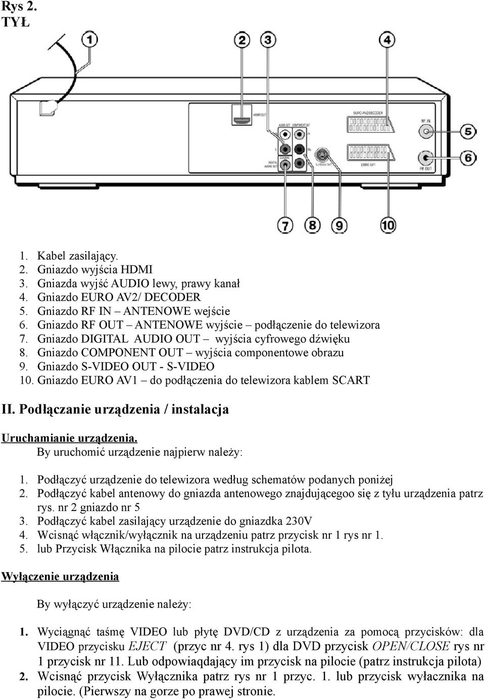 Gniazdo S-VIDEO OUT - S-VIDEO 10. Gniazdo EURO AV1 do podłączenia do telewizora kablem SCART II. Podłączanie urządzenia / instalacja Uruchamianie urządzenia.