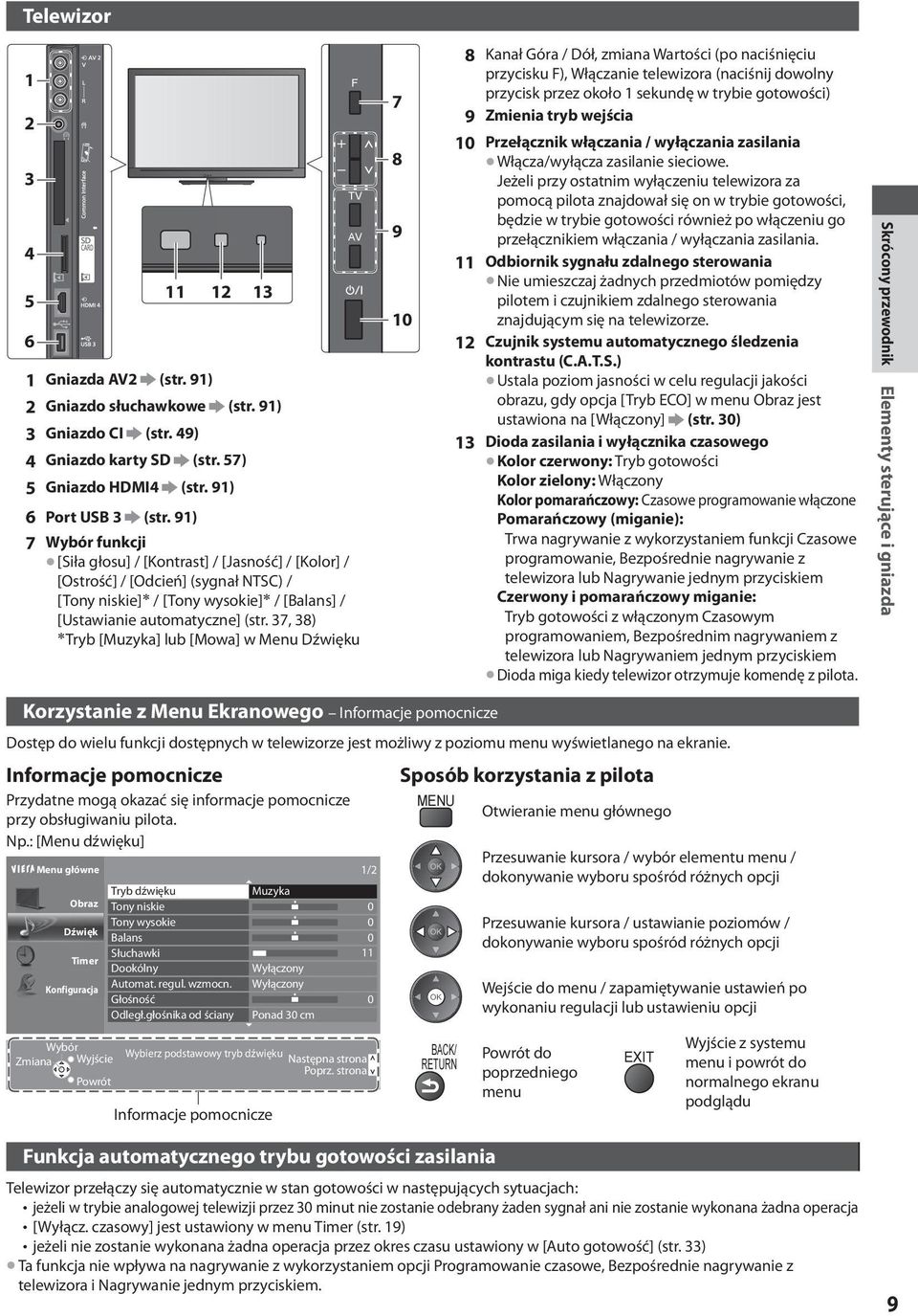 37, 38) Tryb [Muzyka] lub [Mowa] w Menu Dźwięku F TV AV 7 8 9 10 8 Kanał Góra / Dół, zmiana Wartości (po naciśnięciu przycisku F), Włączanie telewizora (naciśnij dowolny przycisk przez około 1