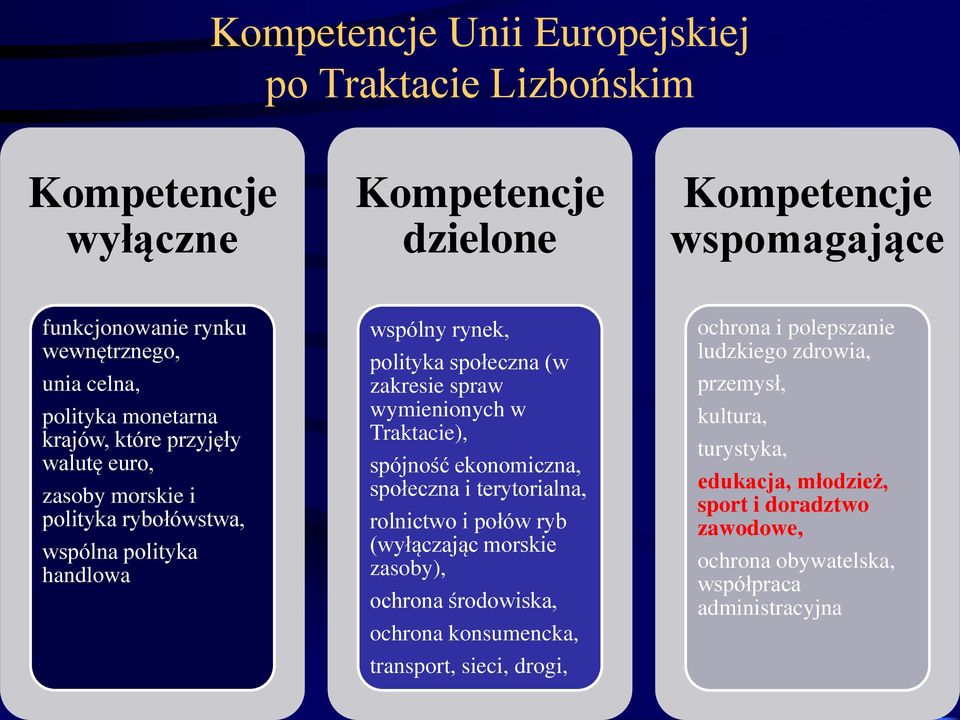 wymienionych w Traktacie), spójność ekonomiczna, społeczna i terytorialna, rolnictwo i połów ryb (wyłączając morskie zasoby), ochrona środowiska, ochrona konsumencka,