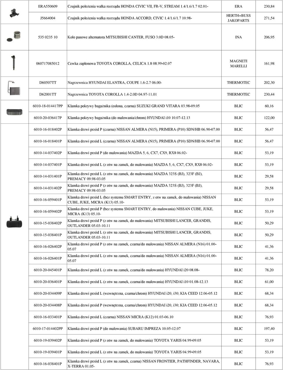 07 MAGNETI MARELLI 161,98 D60507TT Nagrzewnica HYUNDAI ELANTRA, COUPE 1.6-2.7 06.00- THERMOTEC 202,30 D62001TT Nagrzewnica TOYOTA COROLLA 1.4-2.0D 04.97-11.