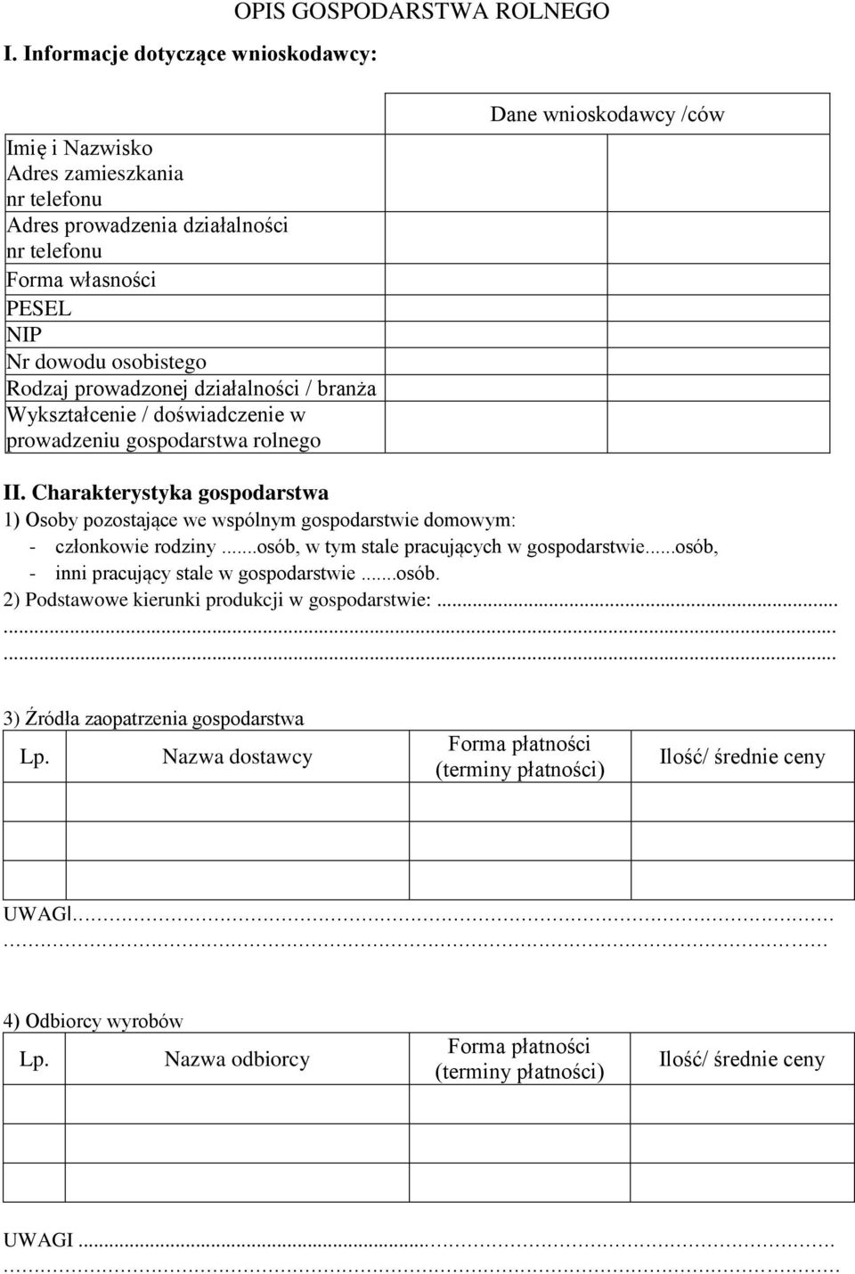 Charakterystyka gospodarstwa 1) Osoby pozostające we wspólnym gospodarstwie domowym: - członkowie rodziny...osób, w tym stale pracujących w gospodarstwie...osób, - inni pracujący stale w gospodarstwie.