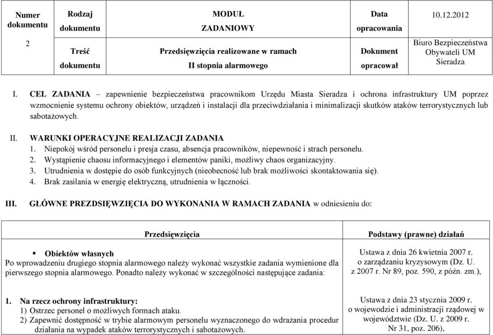 CEL ZADANIA zapewnienie bezpieczeństwa pracownikom Urzędu Miasta Sieradza i ochrona infrastruktury UM poprzez wzmocnienie systemu ochrony obiektów, urządzeń i instalacji dla przeciwdziałania i