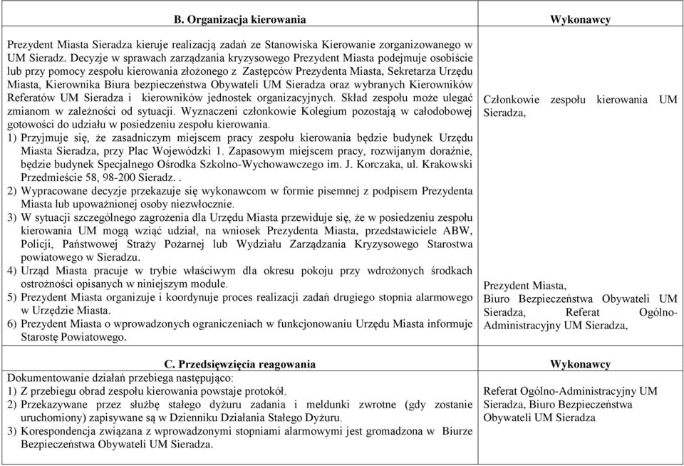 bezpieczeństwa Obywateli UM Sieradza oraz wybranych Kierowników Referatów UM Sieradza i kierowników jednostek organizacyjnych. Skład zespołu może ulegać zmianom w zależności od sytuacji.