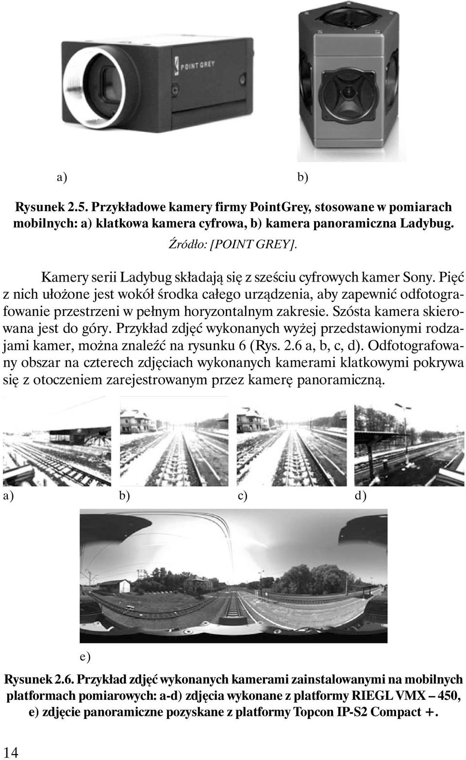 Szósta kamera skierowana jest do góry. Przykład zdjęć wykonanych wyżej przedstawionymi rodzajami kamer, można znaleźć na rysunku 6 (Rys. 2.6 a, b, c, d).