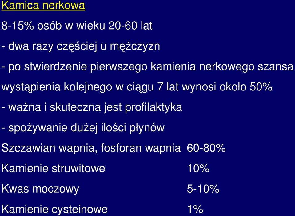 wynosi około 50% ważna i skuteczna jest profilaktyka spożywanie dużej ilości płynów