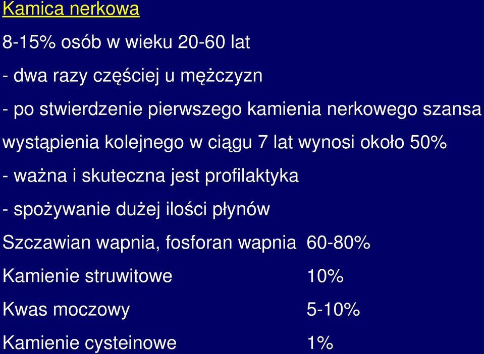 wynosi około 50% ważna i skuteczna jest profilaktyka spożywanie dużej ilości płynów