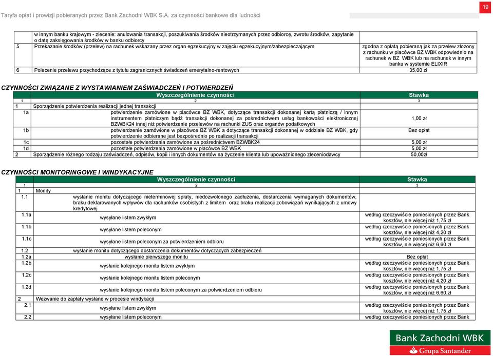rachunek w BZ WBK lub na rachunek w innym banku w systemie ELIXIR 6 Polecenie przelewu przychodzące z tytułu zagranicznych świadczeń emerytalno-rentowych 35,00 zł CZYNNOŚCI ZWIĄZANE Z WYSTAWIANIEM