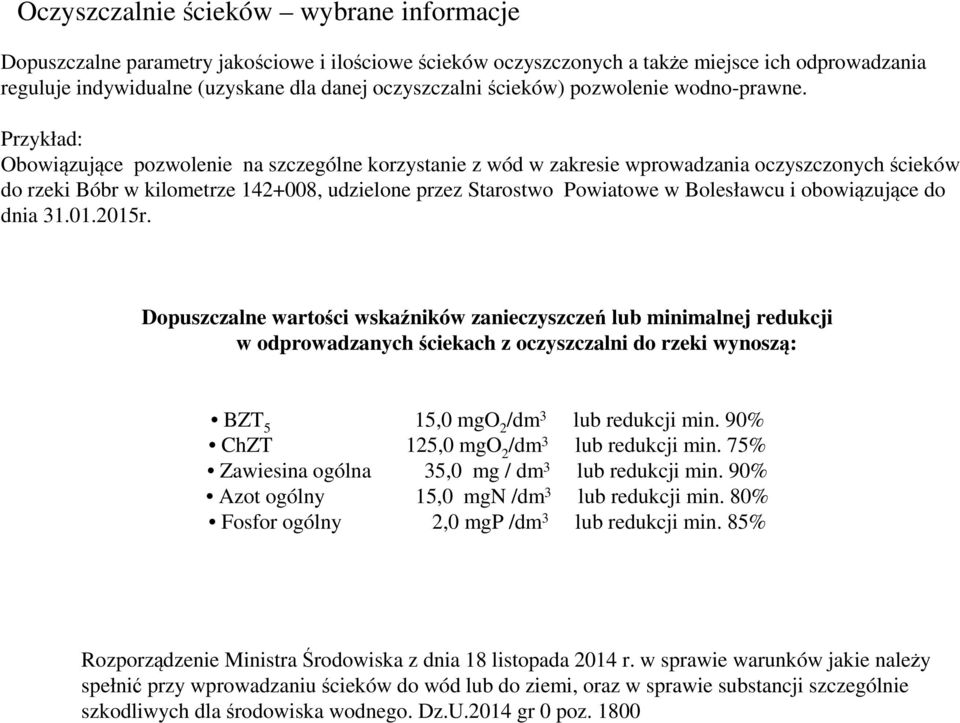 Przykład: Obowiązujące pozwolenie na szczególne korzystanie z wód w zakresie wprowadzania oczyszczonych ścieków do rzeki Bóbr w kilometrze 142+008, udzielone przez Starostwo Powiatowe w Bolesławcu i