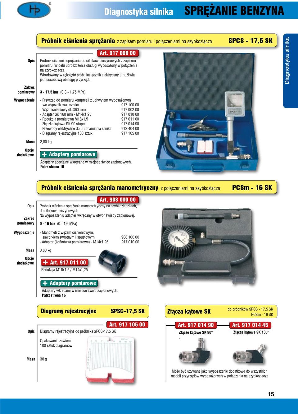 SPCS - 17,5 SK Diagnostyka silnika Zakres pomiarowy 3-17,5 bar (0,3-1,75 MPa) Wyposażenie - Przyrząd do pomiaru kompresji z uchwytem wyposażonym we włącznik rozrusznika 917 100 00 - Wąż ciśnieniowy