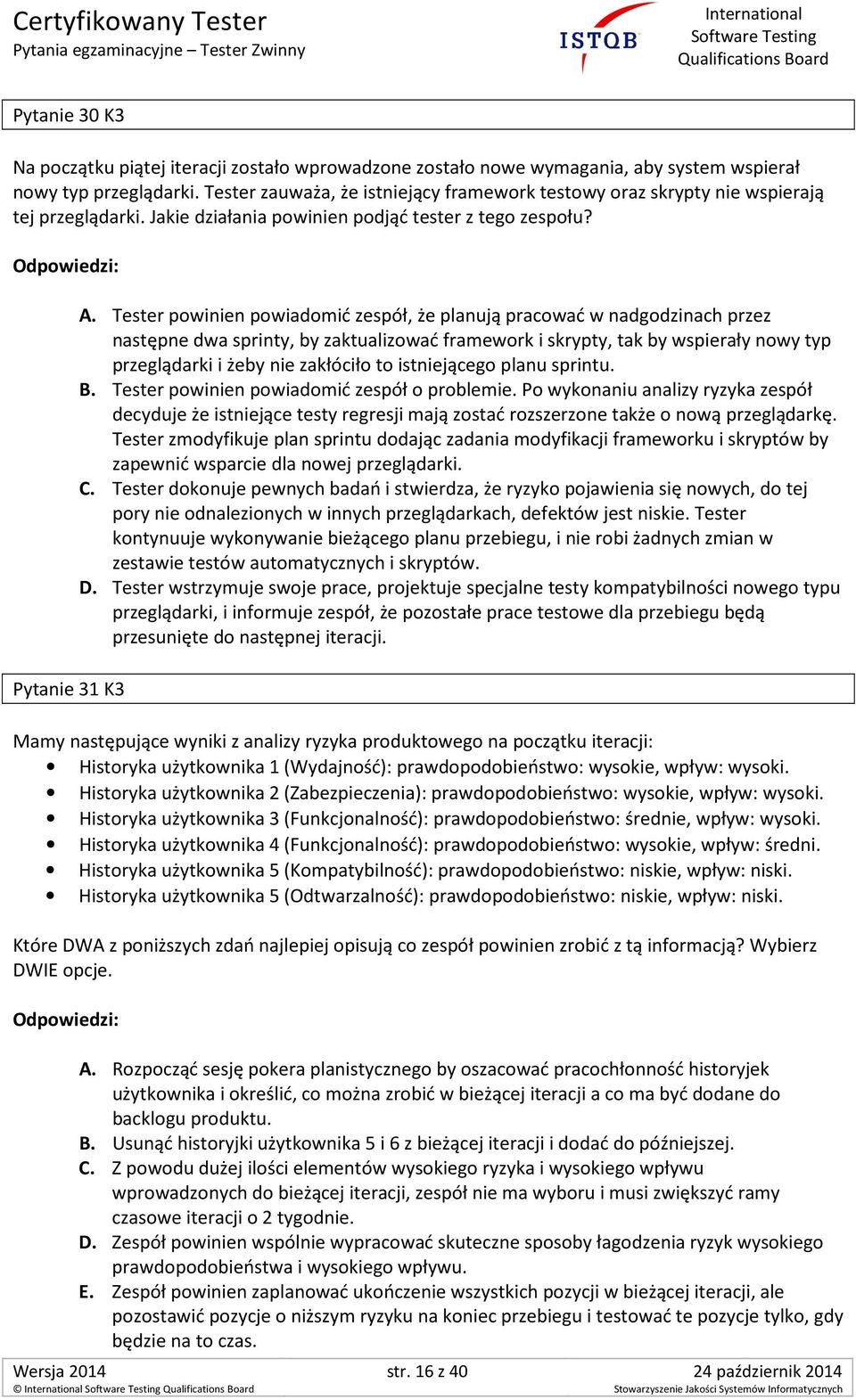 Tester powinien powiadomić zespół, że planują pracować w nadgodzinach przez następne dwa sprinty, by zaktualizować framework i skrypty, tak by wspierały nowy typ przeglądarki i żeby nie zakłóciło to