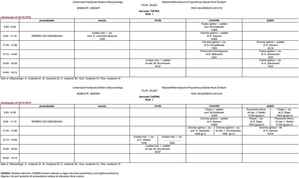 2015 Fizyka I - wykład inform. Fizyka I - ćw. prof. M.Godlewski dr hab. J. Stafiej dr S. Zając C124 (grupa I) 1523 (grupa II) Chemia ogólna I - wykład Fizyka I - ćw. inform. TERMINY DO ODRABIANIA dr K.