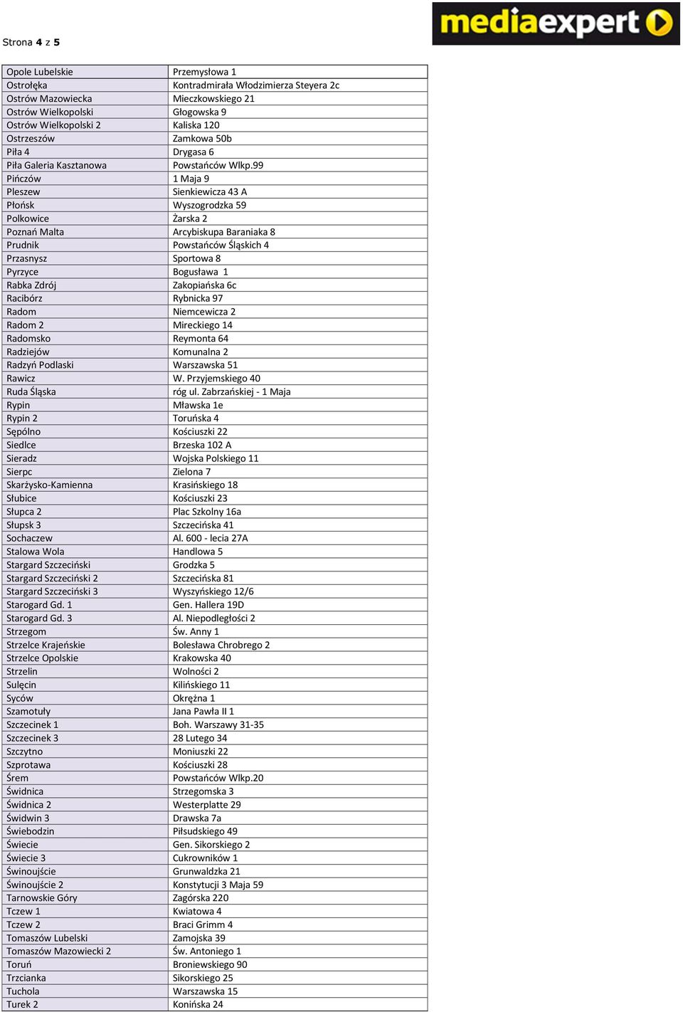 99 Pińczów 1 Maja 9 Pleszew Sienkiewicza 43 A Płońsk Wyszogrodzka 59 Polkowice Żarska 2 Poznań Malta Arcybiskupa Baraniaka 8 Prudnik Powstańców Śląskich 4 Przasnysz Sportowa 8 Pyrzyce Bogusława 1