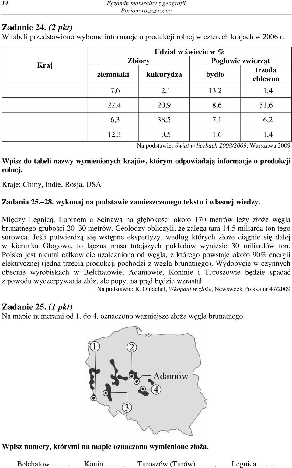 2008/2009, Warszawa 2009 Wpisz do tabeli nazwy wymienionych krajów, którym odpowiadają informacje o produkcji rolnej. Kraje: Chiny, Indie, Rosja, USA Zadania 25. 28.