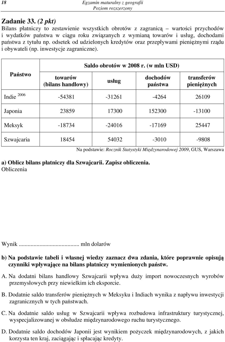 odsetek od udzielonych kredytów oraz przepływami pieniężnymi rządu i obywateli (np. inwestycje zagraniczne). Państwo towarów (bilans handlowy) Saldo obrotów w 2008 r.