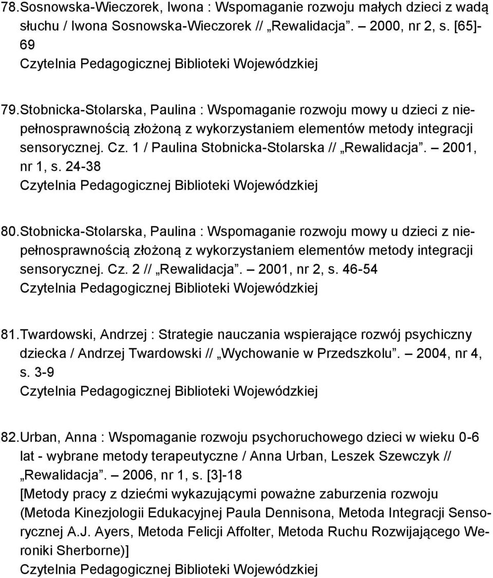 1 / Paulina Stobnicka-Stolarska // Rewalidacja. 2001, nr 1, s. 24-38 80. 2 // Rewalidacja. 2001, nr 2, s. 46-54 81.