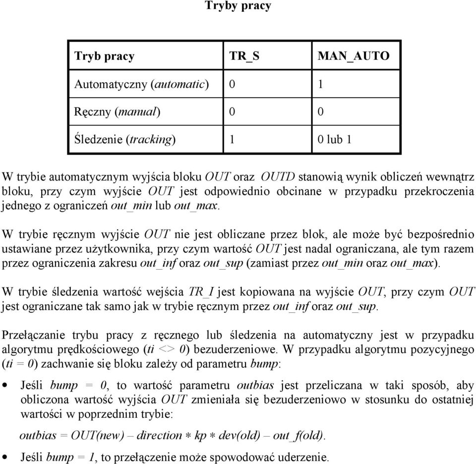 W trybie ręcznym wyjście OUT nie jest obliczane przez blok, ale może być bezpośrednio ustawiane przez użytkownika, przy czym wartość OUT jest nadal ograniczana, ale tym razem przez ograniczenia