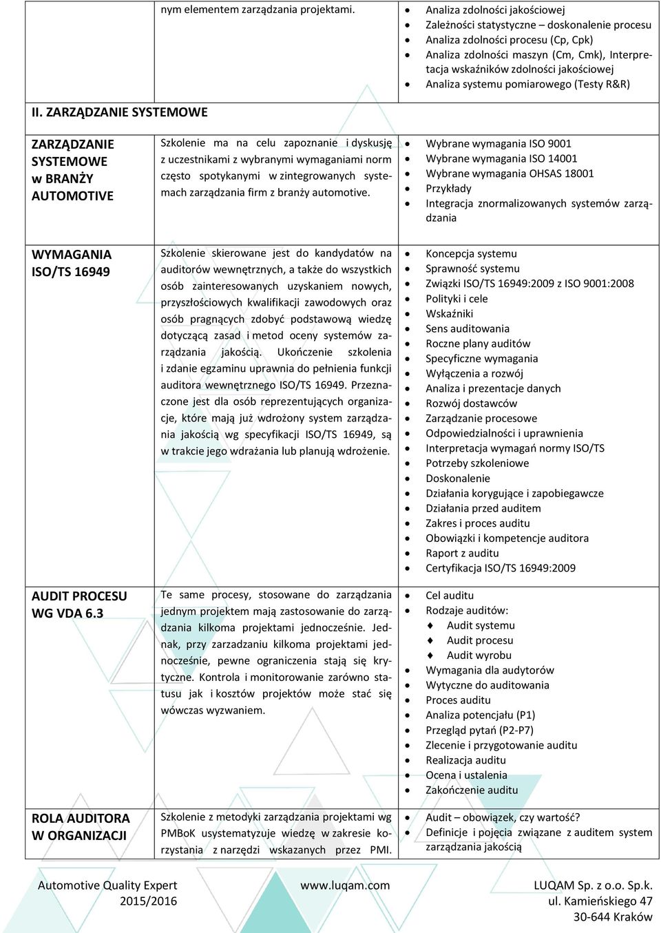 Analiza systemu pomiarowego (Testy R&R) ZARZĄDZANIE SYSTEMOWE w BRANŻY AUTOMOTIVE Szkolenie ma na celu zapoznanie i dyskusję z uczestnikami z wybranymi wymaganiami norm często spotykanymi w