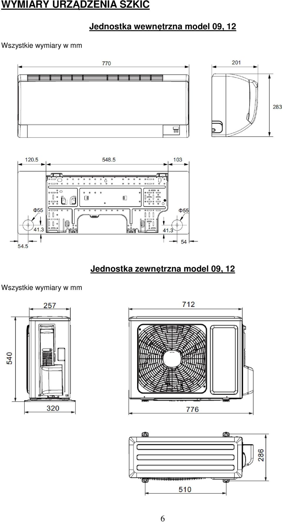 model 09, 12 Wszystkie wymiary w