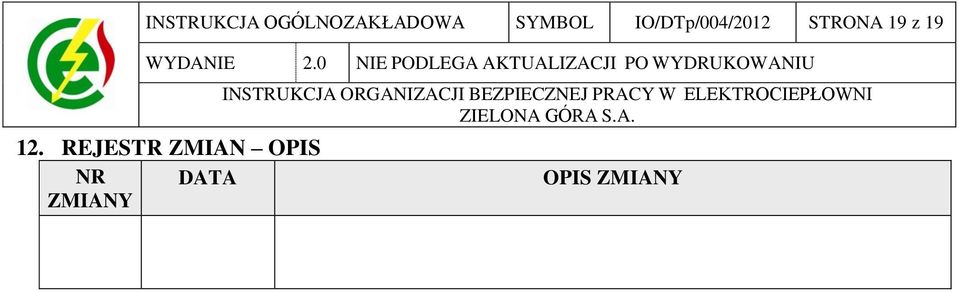 REJESTR ZMIAN OPIS NR DATA ZMIANY INSTRUKCJA ORGANIZACJI