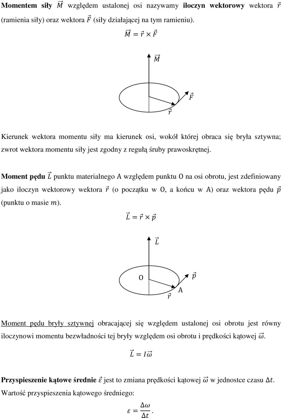 Moment pędu punktu materialnego A względem punktu O na osi obrotu, jest zdefiniowany jako iloczyn wektorowy wektora (o początku w O, a końcu w A) oraz wektora pędu (punktu o masie ).