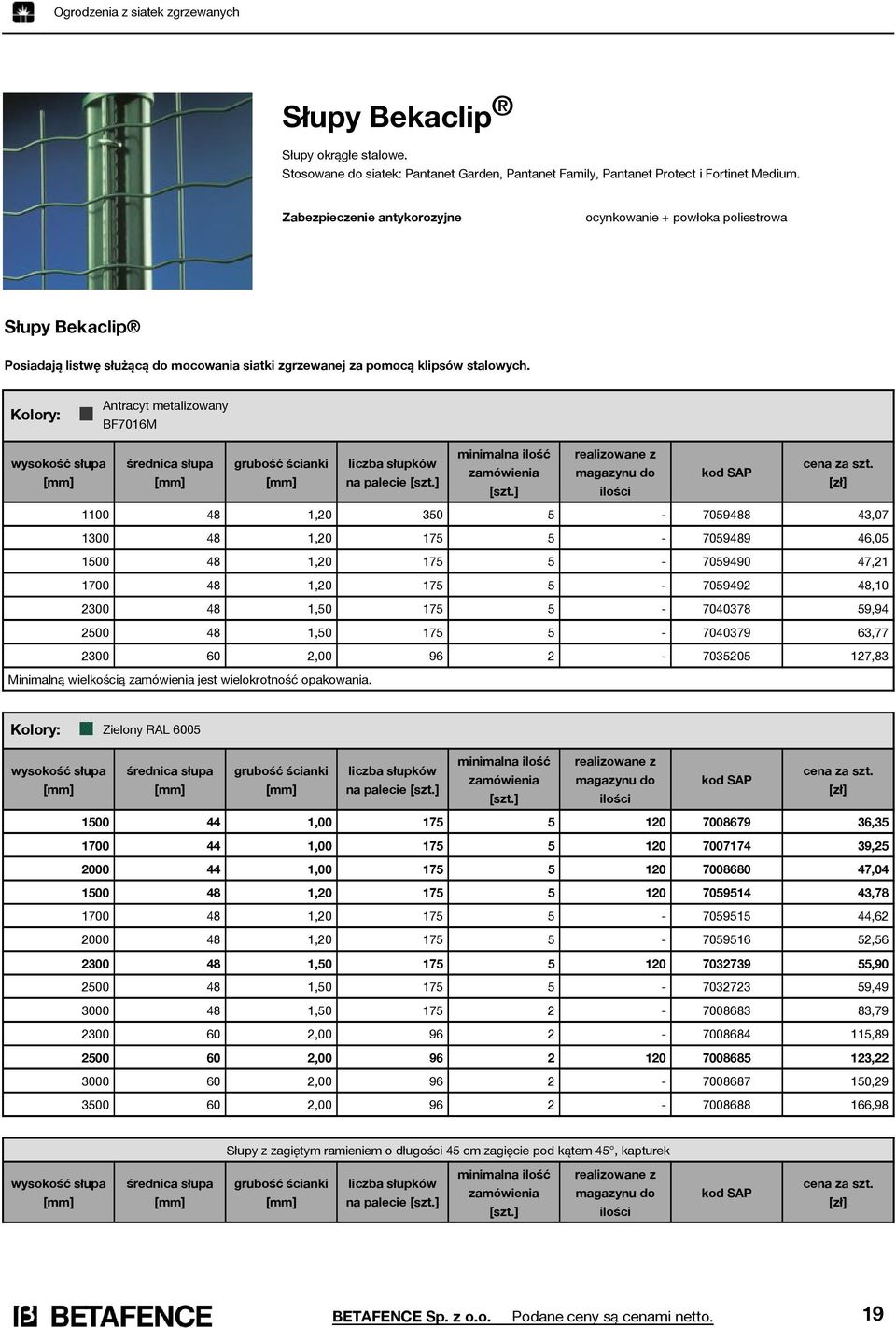 Kolory: Antracyt metalizowany BF7016M wysokość słupa średnica słupa grubość ścianki liczba słupków na palecie [szt.] minimalna ilość zamówienia [szt.] magazynu do ilości cena za szt.