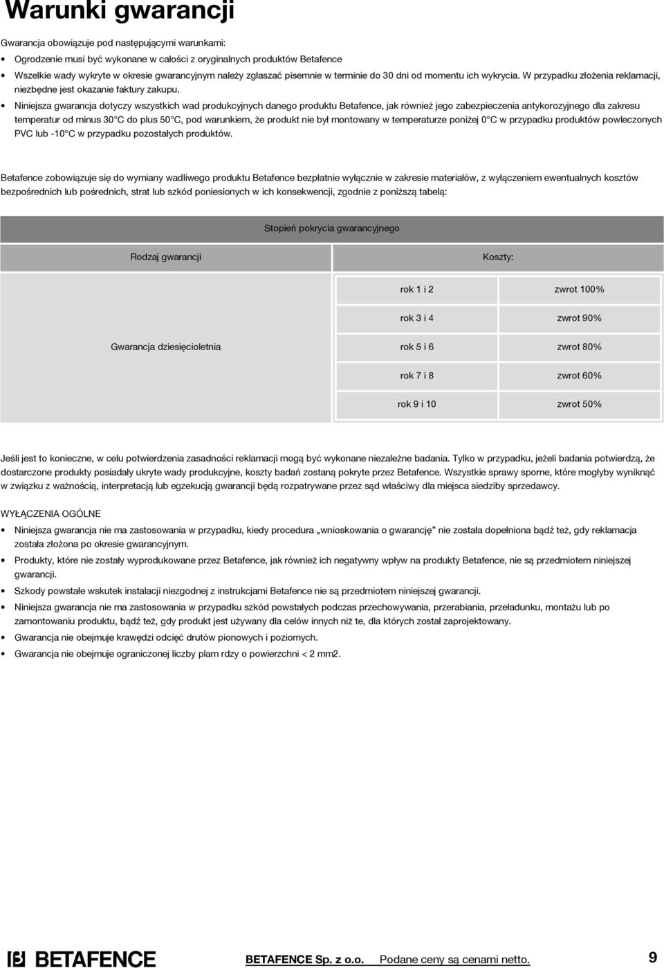 Niniejsza gwarancja dotyczy wszystkich wad produkcyjnych danego produktu Betafence, jak również jego zabezpieczenia antykorozyjnego dla zakresu temperatur od minus 30 C do plus 50 C, pod warunkiem,