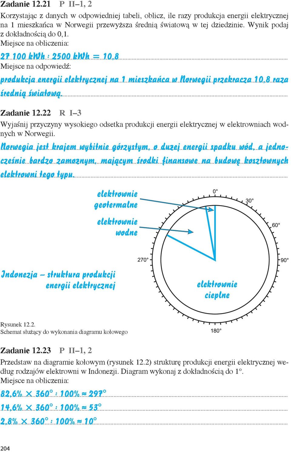 Miejsce na obliczenia: 27 100 kwh : 2500 kwh = 10,8 Miejsce na odpowiedź: produkcja energii elektrycznej na 1 mieszkańca w Norwegii przekracza 10,8 raza średnią światową. Zadanie 12.