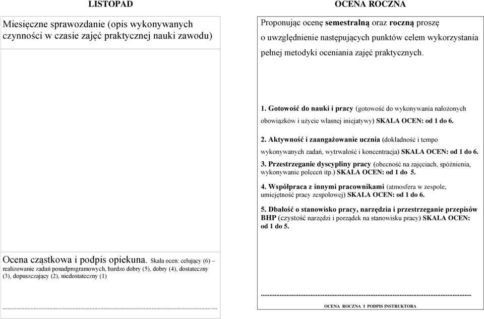 Aktywność i zaangażowanie ucznia (dokładność i tempo wykonywanych zadań, wytrwałość i koncentracja) SKALA OCEN: od 1 do 6. 3.