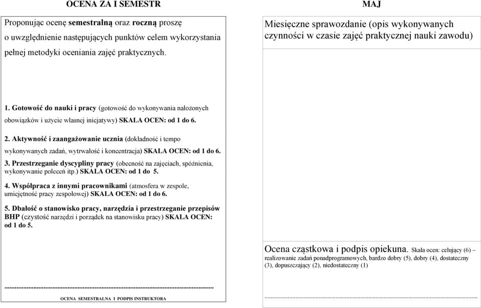 Aktywność i zaangażowanie ucznia (dokładność i tempo wykonywanych zadań, wytrwałość i koncentracja) SKALA OCEN: od 1 do 6. 3.