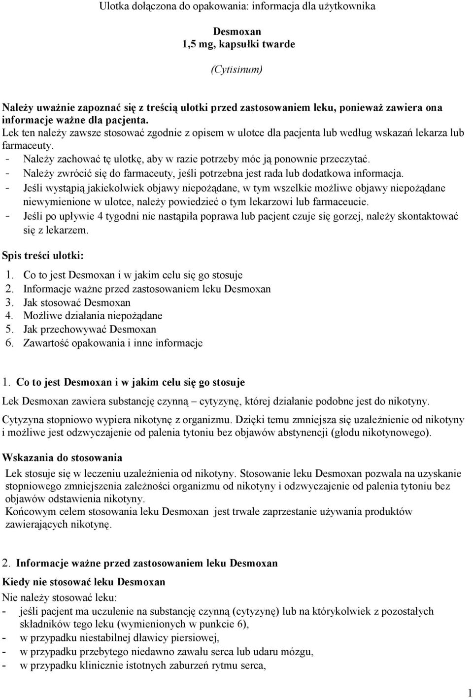 Ulotka dołączona do opakowania: informacja dla użytkownika. Desmoxan 1,5  mg, kapsułki twarde. (Cytisinum) - PDF Darmowe pobieranie