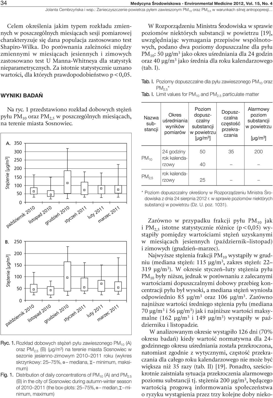 Do porównania zależności między zmiennymi w miesiącach jesiennych i zimowych zastosowano test U Manna-Whitneya dla statystyk nieparametrycznych.