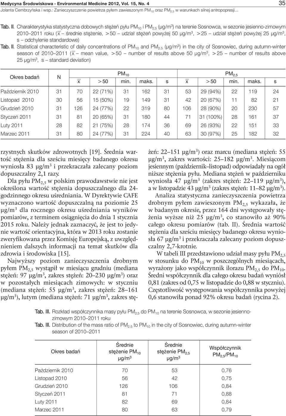 udział stężeń powyżej 25 µg/m 3, s odchylenie standardowe) Tab. II. Statistical characteristic of daily concentrations of PM 10 and PM 2.