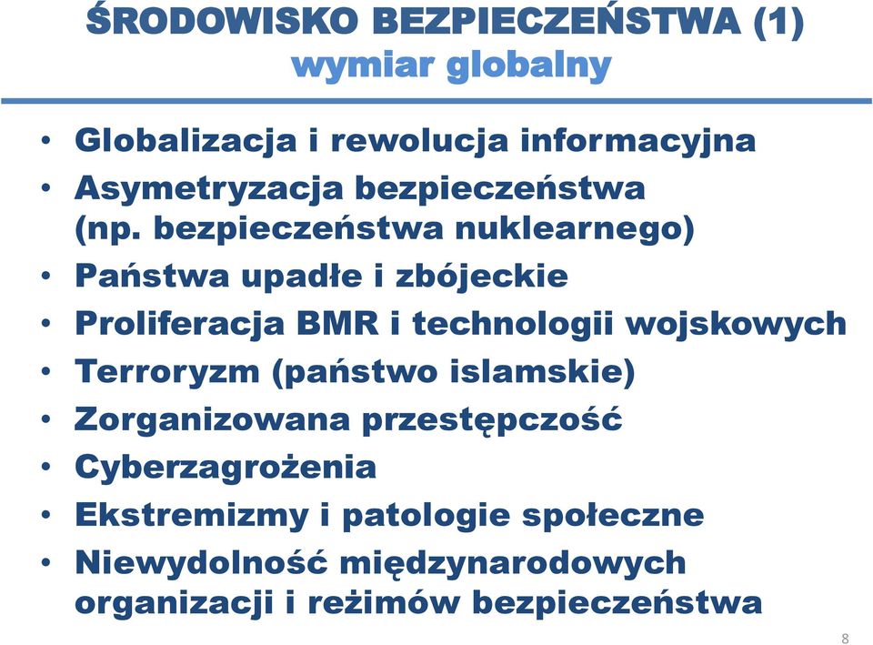 bezpieczeństwa nuklearnego) Państwa upadłe i zbójeckie Proliferacja BMR i technologii wojskowych