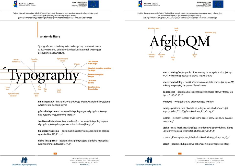 Wydłużenie górne Ascender Wygięcie Linia akcentów Accent Height Wierzchołek górny Ramię Arm Wierzchołek górny AfgkbQM Poprzeczka Crossbar Połączenie Link Nóżka Leg Ogonek Tail Trzon Stem Typography