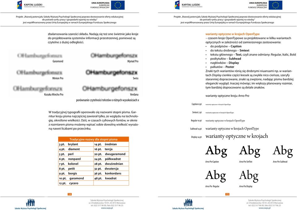 Caption do tekstu drobnego Smtext tekstu głównego Text, czyli znane odmiany: Regular, Italic, Bold podtytułów Subhead nagłówków Display palkatów Poster Znaki tych wariantów rónią się drobnymi