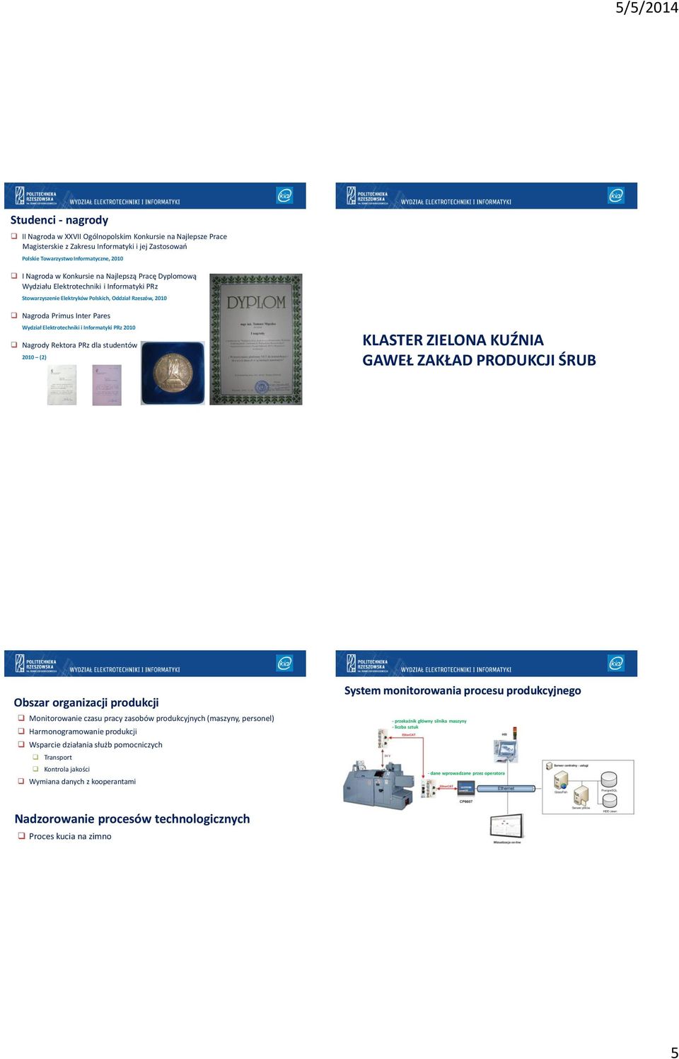 Nagrody Rektora PRz dla studentów 21 (2) KLASTER ZIELONA KUŹNIA GAWEŁ ZAKŁAD PRODUKCJI ŚRUB Obszar organizacji produkcji Monitorowanie czasu pracy zasobów produkcyjnych (maszyny, personel)