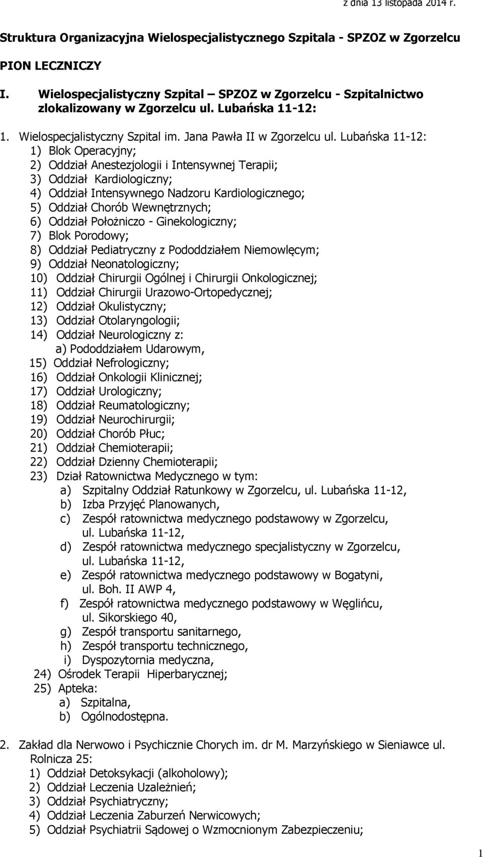 Lubańska 11-12: 1) Blok Operacyjny; 2) Oddział Anestezjologii i Intensywnej Terapii; 3) Oddział Kardiologiczny; 4) Oddział Intensywnego Nadzoru Kardiologicznego; 5) Oddział Chorób Wewnętrznych; 6)