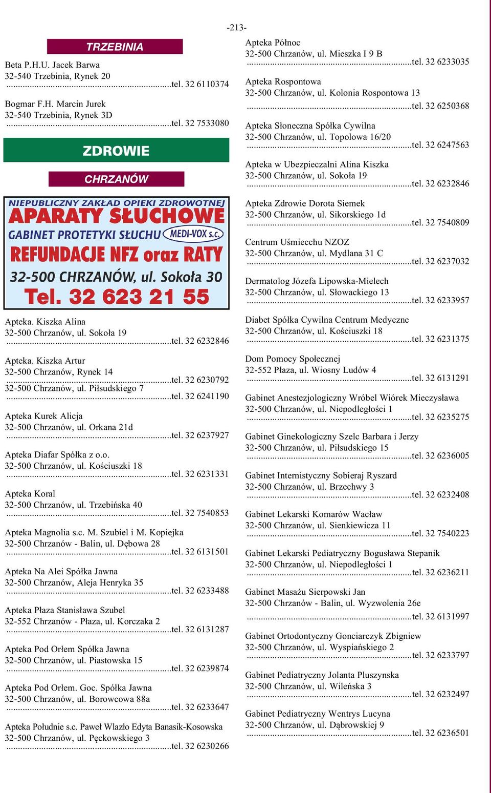 Sikorskiego 1d...tel. 32 7540809 Centrum Uśmiecchu NZOZ 32-500 Chrzanów, ul. Mydlana 31 C...tel. 32 6237032 Dermatolog Józefa Lipowska-Mielech 32-500 Chrzanów, ul. Słowackiego 13...tel. 32 6233957.