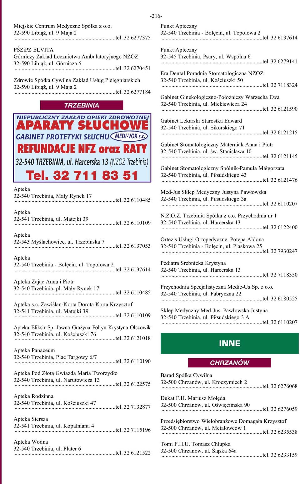 Kościuszki 50...tel. 32 7118324 Gabinet Ginekologiczno-Położniczy Warzecha Ewa 32-540 Trzebinia, ul. Mickiewicza 24...tel. 32 6121590 Gabinet Lekarski Starostka Edward 32-540 Trzebinia, ul.