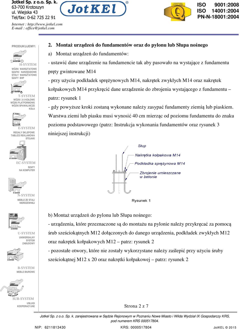 M14 - przy użyciu podkładek sprężynowych M14, nakrętek zwykłych M14 oraz nakrętek kołpakowych M14 przykręcić dane urządzenie do zbrojenia wystającego z fundamentu T- patrz: rysunek 1 - gdy powyższe
