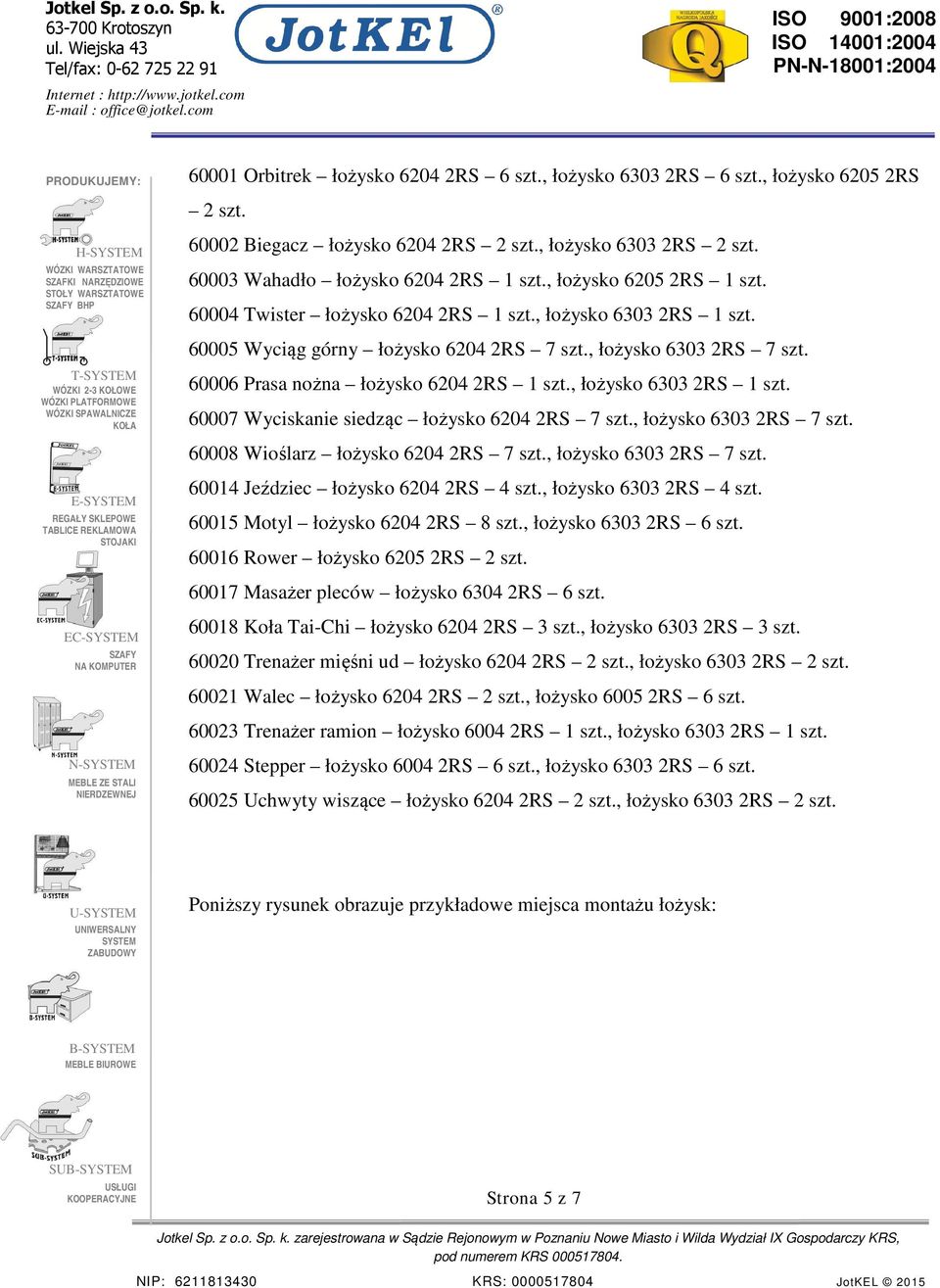 T- 60006 Prasa nożna łożysko 6204 2RS 1 szt., łożysko 6303 2RS 1 szt. 60007 Wyciskanie siedząc łożysko 6204 2RS 7 szt., łożysko 6303 2RS 7 szt. 60008 Wioślarz łożysko 6204 2RS 7 szt.