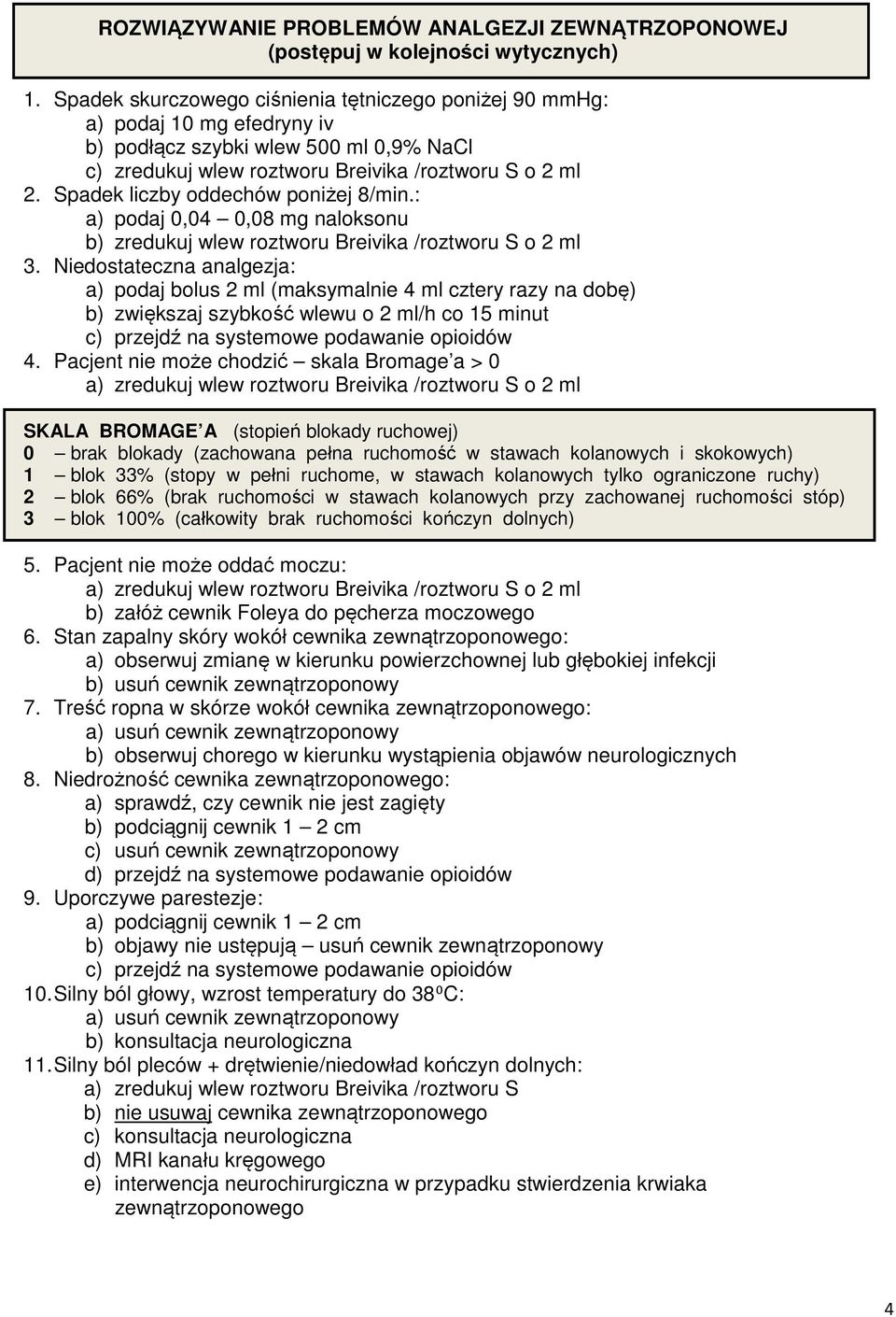 Spadek liczby oddechów poniżej 8/min.: a) podaj 0,04 0,08 mg naloksonu b) zredukuj wlew roztworu Breivika /roztworu S o 2 ml 3.