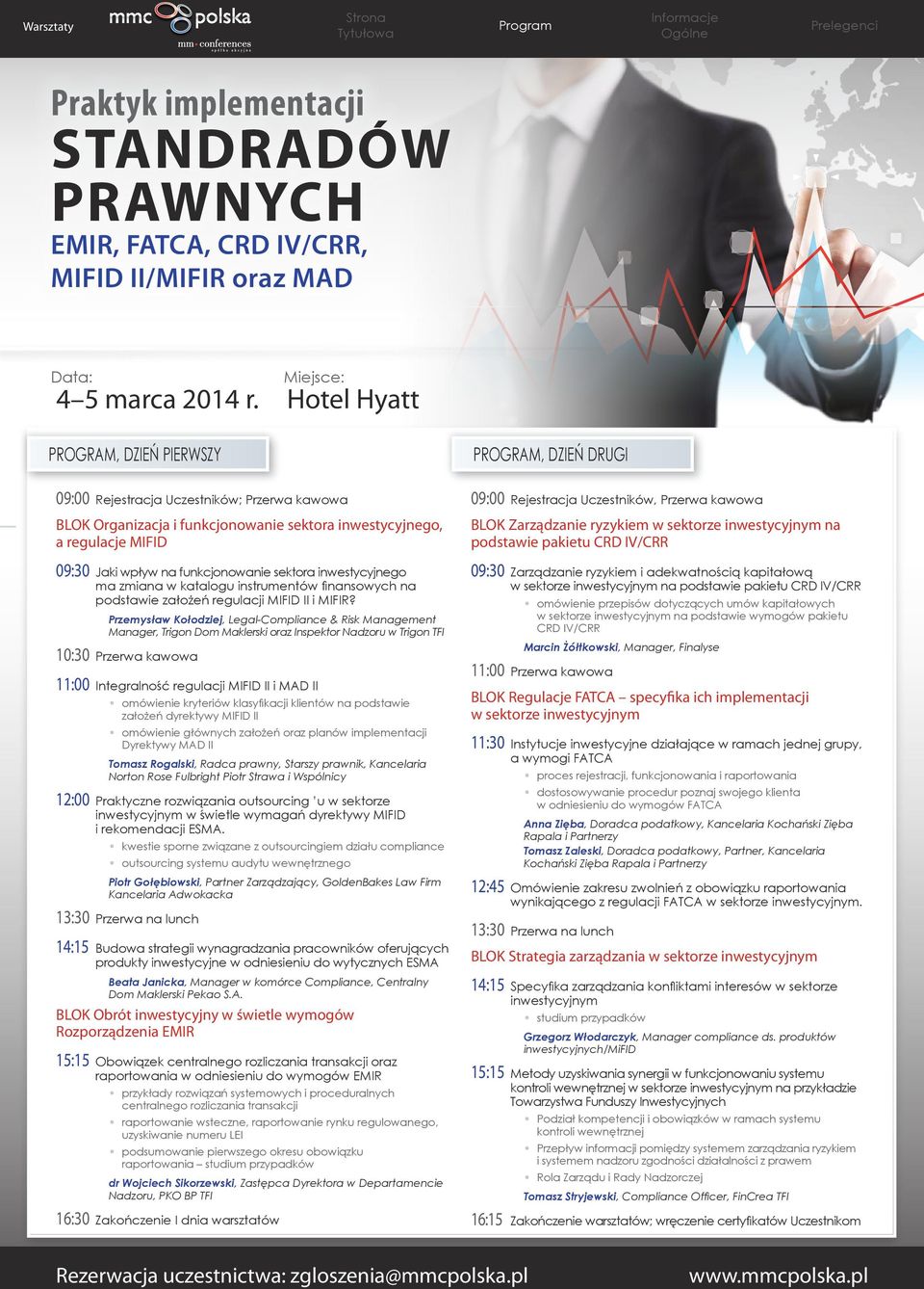 Przemysław Kołodziej, Legal-Compliance & Risk Management Manager, Trigon Dom Maklerski oraz Inspektor Nadzoru w Trigon TFI 10:30 Przerwa kawowa 11:00 Integralność regulacji MIFID II i MAD II