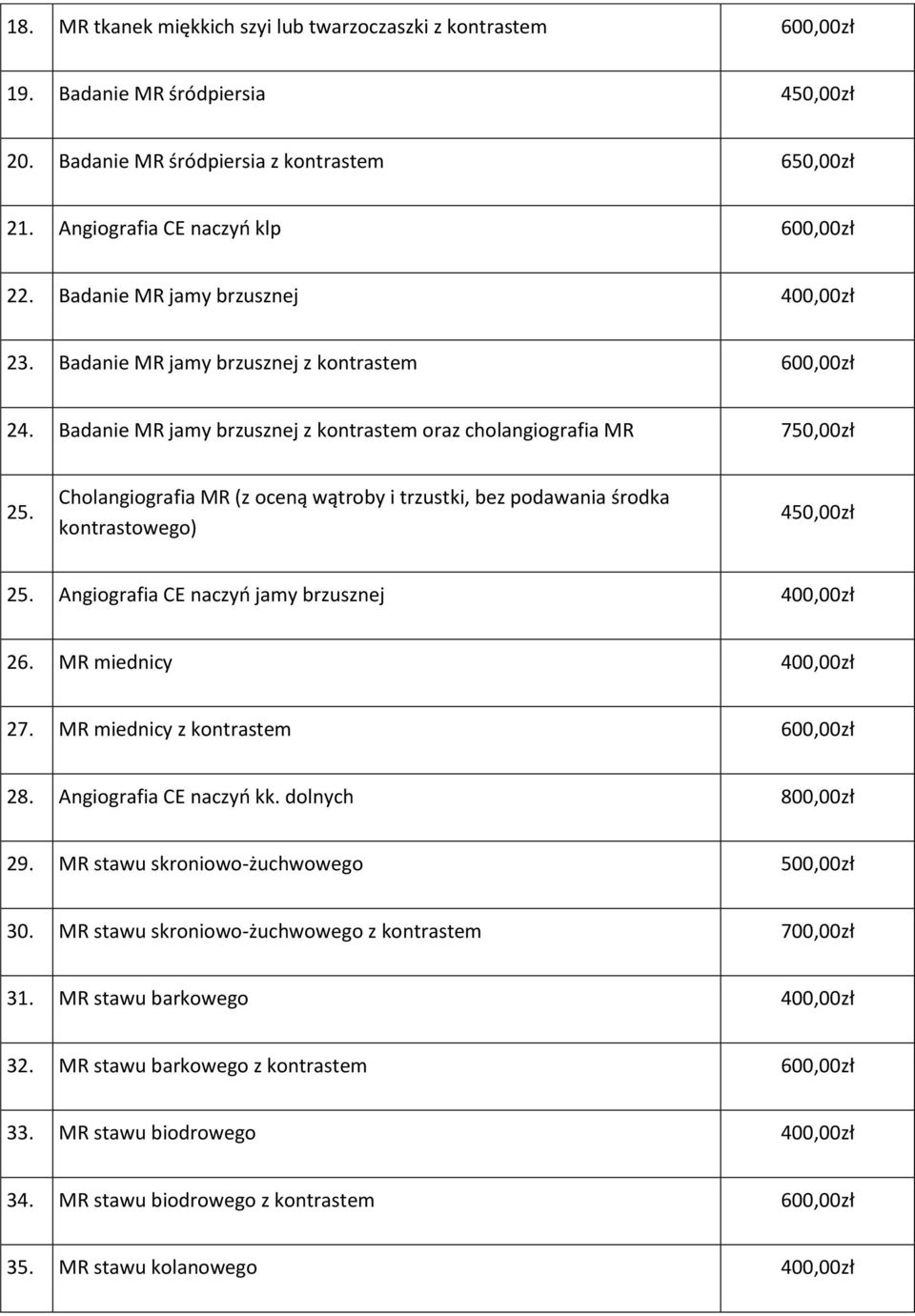 Cholangiografia MR (z oceną wątroby i trzustki, bez podawania środka kontrastowego) 450,00zł 25. Angiografia CE naczyo jamy brzusznej 400,00zł 26. MR miednicy 400,00zł 27.