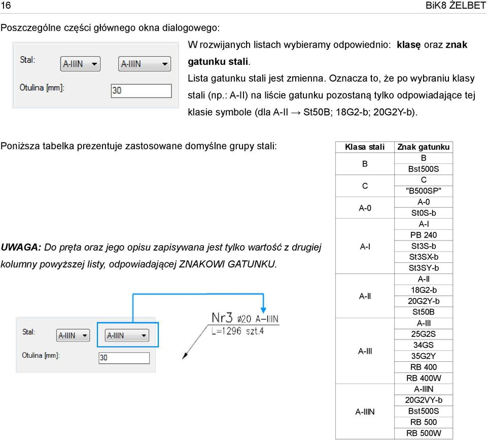 Poniższa tabelka prezentuje zastosowane domyślne grupy stali: UWAGA: Do pręta oraz jego opisu zapisywana jest tylko wartość z drugiej kolumny powyższej listy, odpowiadającej ZNAKOWI