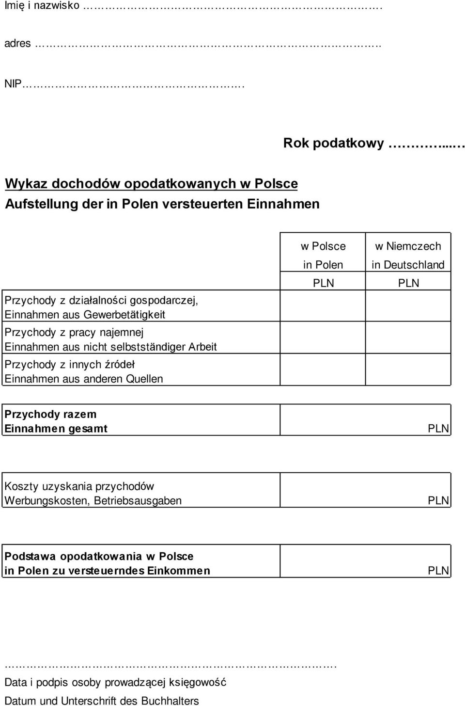 Gewerbetätigkeit Przychody z pracy najemnej Einnahmen aus nicht selbstständiger Arbeit Przychody z innych źródeł Einnahmen aus anderen Quellen w